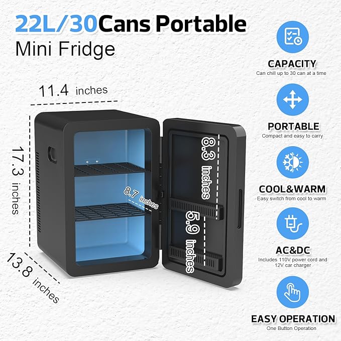 advwin 22L Mini Fridge for Bedroom, 30 Cans Portable Cooler & Warmer Compact Refrigerators with AC/DC Power for Skin Care, Beverage, Cosmetics, Food, Drinks, Office Desk Dorm Room