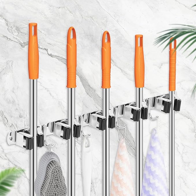 3 Pack Broom Holder Wall Mount 5 Racks 4 Hooks Stainless Steel Broom Mop Holder Anti Slip Storage Rack Strong Load Bearing Waterproof Broom and Mop Organizer Wall Hanging for Bathroom Kitchen Garage