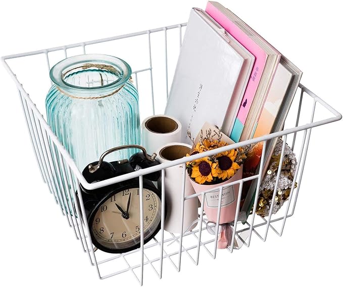 Freezer Basket Organizer, Refrigerator Metal Wire Storage Divider, Household Container Bins with Handles for Kitchen, Pantry, Cabinet, Closets - Pearl White (6, 11in x 10in x 5.5in)