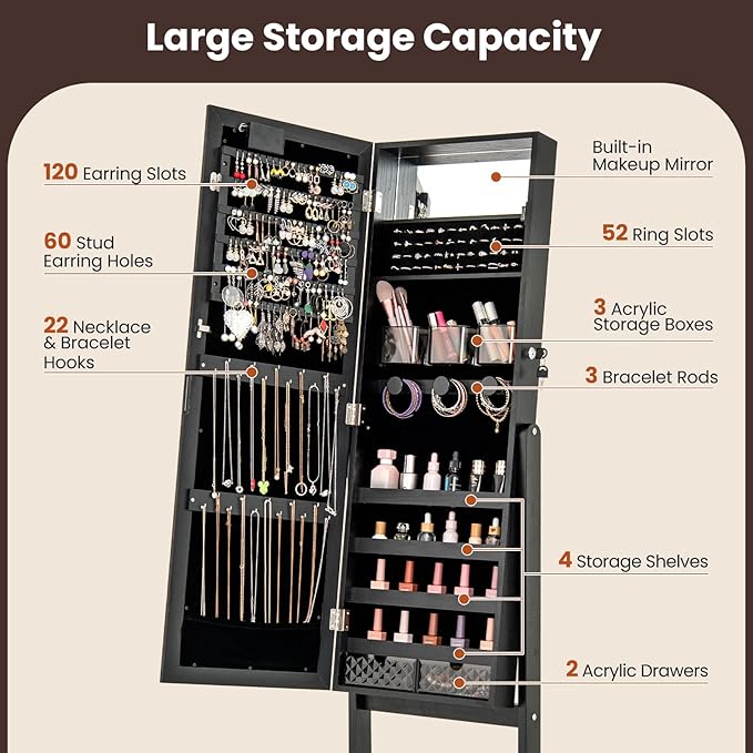 Giantex Standing Jewelry Armoire with Lighted Full Length Mirror, Lockable Jewelry Cabinet Organizer with 20 LED Lights, Adjustable Tilt, Large Storage for Earrings, Rings, Necklaces, Black