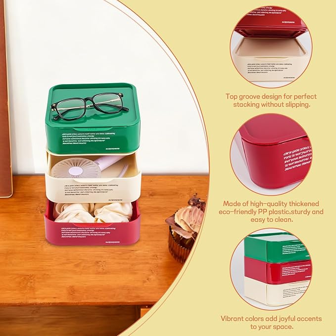 3-Pack Stackable Drawer Desktop Organizer, Multifunctional Plastic Storage Box, Suitable for Storing Office Supplies, Cosmetics, Crafts, and for Desk & Countertop Organization (Red,Green,White)