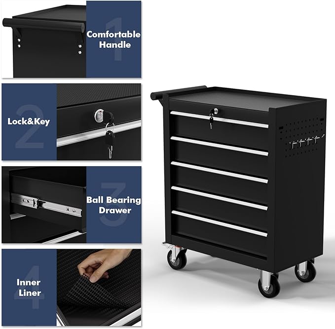 5-Drawer Tool Chest,Rolling Tool Cart with Wheels,High Capacity Tool Cabinet with Locking System for Garage, Warehouse, Workshop-Black
