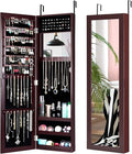 COSTWAY Full Length Mirror Jewelry Cabinet, Wall Door Mounted Jewelry Organizer with Makeup Mirror, Ring Slots and Necklace Hooks, Large Storage Jewelry Armoire for Bedroom, Dressing Room (Brown)