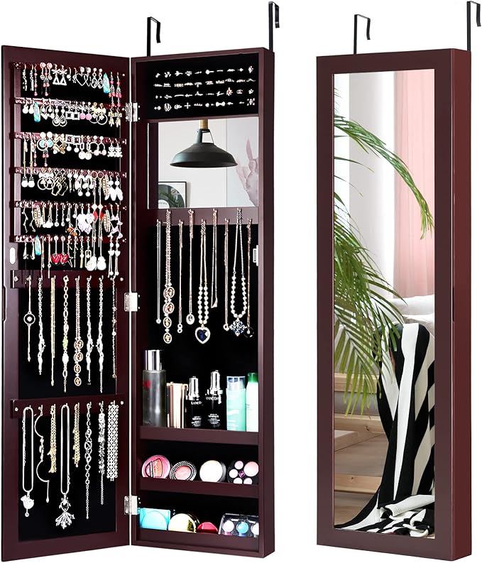 COSTWAY Full Length Mirror Jewelry Cabinet, Wall Door Mounted Jewelry Organizer with Makeup Mirror, Ring Slots and Necklace Hooks, Large Storage Jewelry Armoire for Bedroom, Dressing Room (Brown)