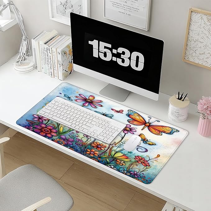 Vintage Hippie Floral Butterfly Large Mouse Pad 31.5x15.7inch, Retro Hippy Flower Butterfly Large Extended Computer Desk Mat Mousepad for Keyboard and Mouse, Flora Desk Accessories