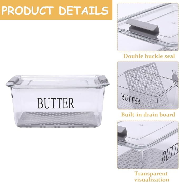 Butter Dispenser Box for Refrigerator,Butter Dish with Airtight Lid,BPA Free Butters Sticks Container with Butters Knife for Countertop kitchen decor and accessories,Clear Fridge Storage Box