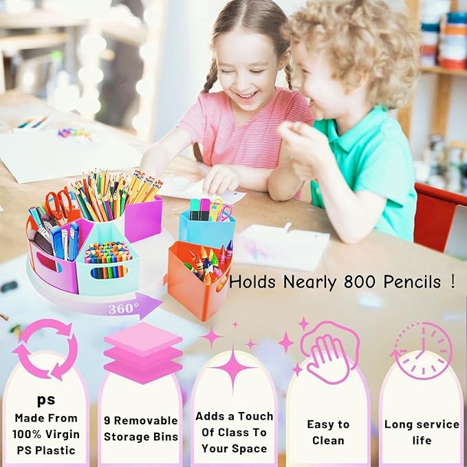 Rotating Art Supply Organizer Storage Caddy for Kids - 9 Bin Craft Crayon Marker Organizer for School Desk, Lazy Susan Pencil Holder for Classroom Organization, School Supplies