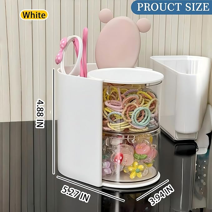 Hair Accessories Organizer with Hair Brush Holder, Rotatable Makeup Brush Holder for Necklaces, Earring, Bracelet, Ring, Makeup Brushes, Hair Clip and Hair Accessories (White, 2-Layer)