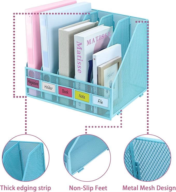 Desk Organizers, Metal Magazine File Holder with 5 Vertical Compartments Rack Binder File Organizer for Office Supplies, Home Workspace - Blue