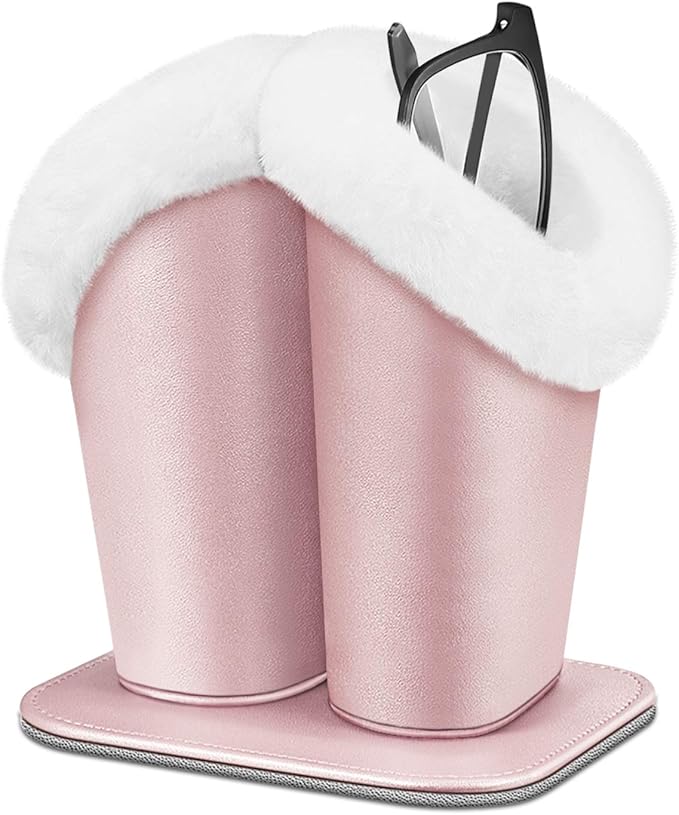 Fintie Plush Lined Double Eyeglasses Holder with Magnetic Base, Glasses Stand Case Organizer for Desk, Nightstand, Office, Rose Gold