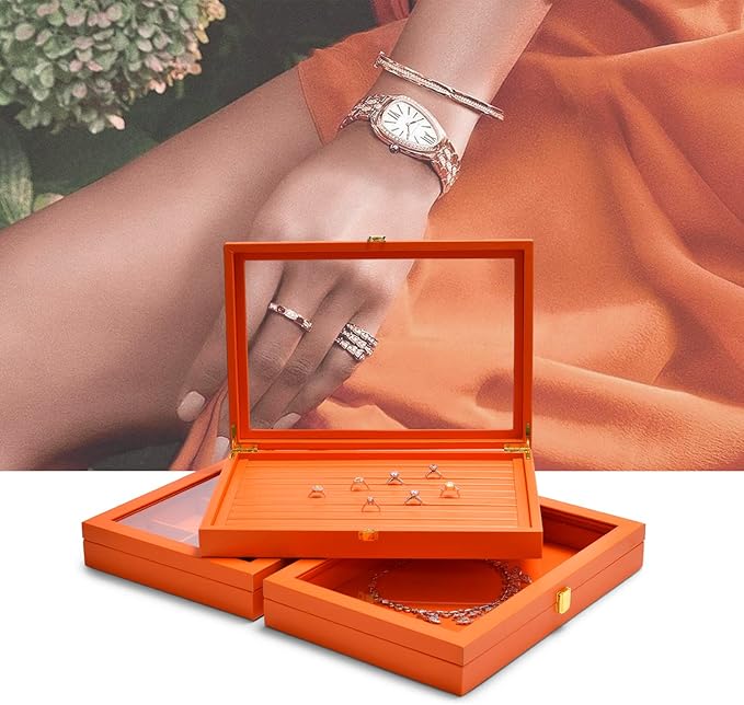 Oirlv Premium Leather Jewelry Organizer Tray with Acrylic Lid Bracelet Bangle Necklace Display Case Drawer Insert 12 Gird Jewelry Case