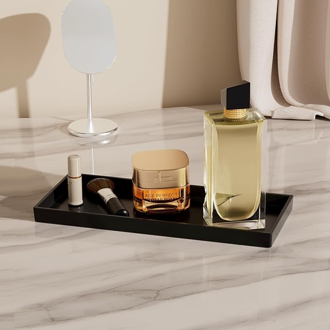 Vanity and Bathroom Tray, 11.8" ABS Countertop Organizer,Waterproof Vanity Tray for Toilet Tank,Perfume,Soap,Keys,Bathroom Accessories,Kitchen and Bath Trays,Non Slip Small Trays,Black