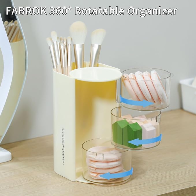 FABROK 3-Layer Clear Hair Accessories Organizer with Hair Brushes Holder, Rotatable Small Jewelry Box for Hair Clip Earring Necklaces, Desktop Organizer Case for Cotton Swab, Hair Accessories(Yellow)