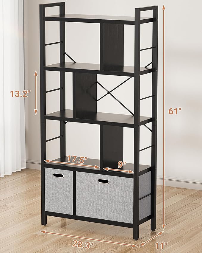 Armocity Bookshelf with Drawers - 5 Tier Tall Bookcase Geometric Modern Book Shelf Display Standing Bookshelves with Storage for Living Room, Bedroom Home Office, Black