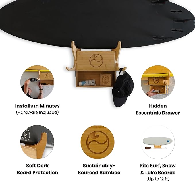LISS Solo Rack – Wall Mount Surfboard Holder for ONE Board – Bamboo Board Rack with Interchangeable Arms & Hidden Storage Drawer – Fits Shortboards, Longboards, SUPs, Wakeboards, Snowboards up to 12ft