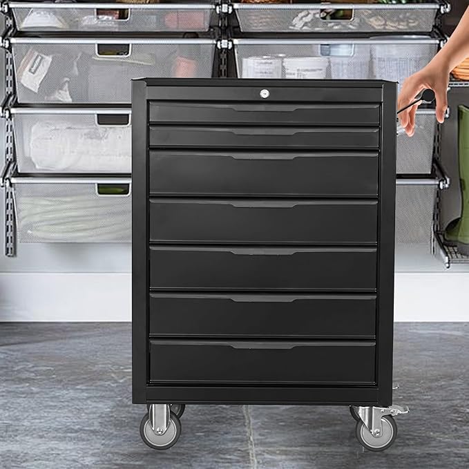 7-Drawer Rolling Tool Chest Cabinet, Large Capacity Metal Tool Box with Wheels and Cylinder Locking, Roll Around Storage Organizer Tool Cart for Garage, Warehouse, Work Shop - Black