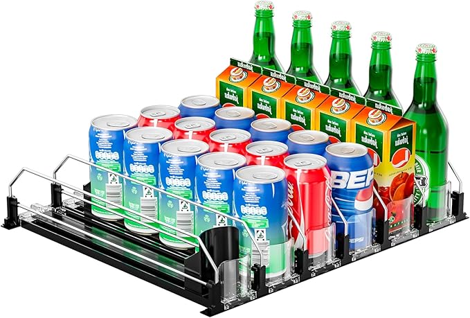 6 Rows Black Drink Organizer for Fridge, 3rd Gen Refrigerator Organizers and Storage, Automatic Pusher Glide and Adjustable Width Can Organizer for Refrigerator - Holds up to 30 Cans