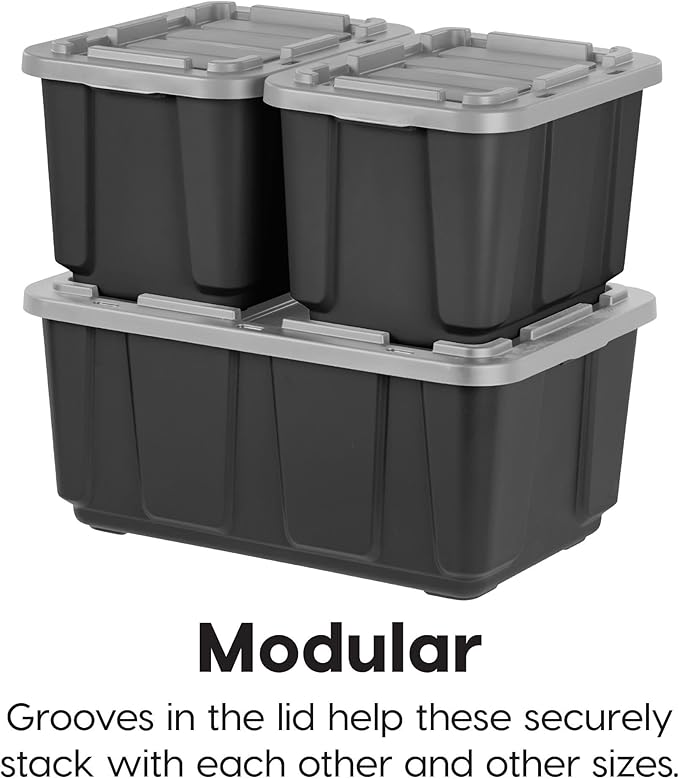 IRIS USA 27 Gallon Heavy Duty Truck Bed Toolbox Storage Tote Bins with Lids, 4 Pack - Made in USA, Tough Snap On Lockable Lid Stackable Industrial Tubs, Garage Organization Reusable Box - Gray