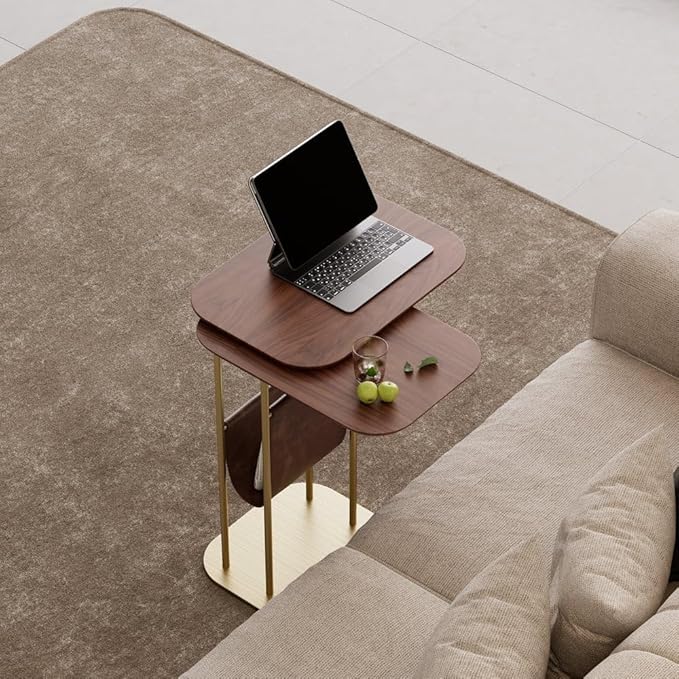 LOVEDIMA C-Shaped Walnut & Gold Rotating Side Table with Storage - 360° Swivel Top,Built-in Magazine Rack,Modern End Table for Sofa/Bedside
