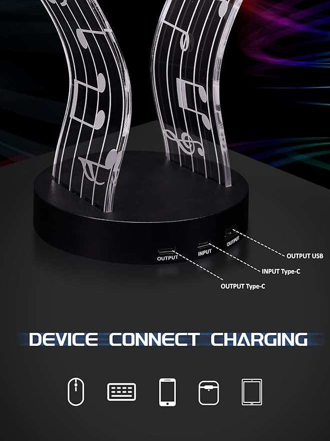 Light Up Headphone Stand with 16 Color Lights, Music Notes Pattern Acrylic Headset Stand with 1 USB and 1 Type-C Charging Ports, Gifts for Gamers Men and Music Lovers
