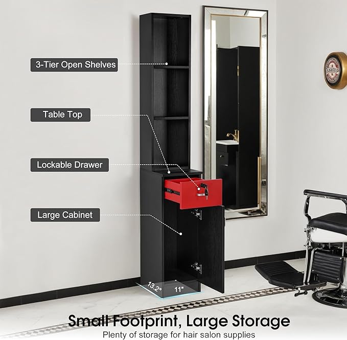 BarberPub Locking Wall Mount Hair Styling Barber Station Drawer Storage Beauty Salon Spa Equipment 3036-1 (Black&Red-Handle Left)