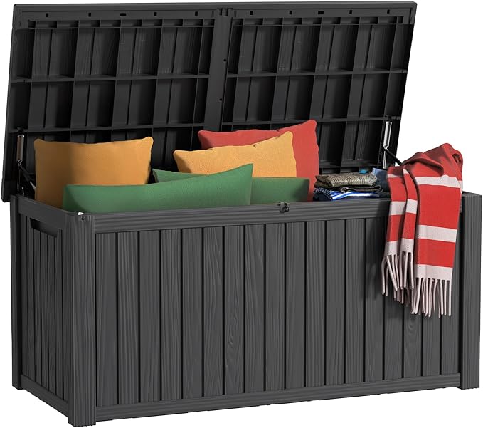 EasyUp 200 Gallon Outdoor Storage Box Waterproof, UV Resistant Resin Deck Box with Hydraulic Rod, Reinforced Stability for Patio, Garden, and Pool, Striped Black