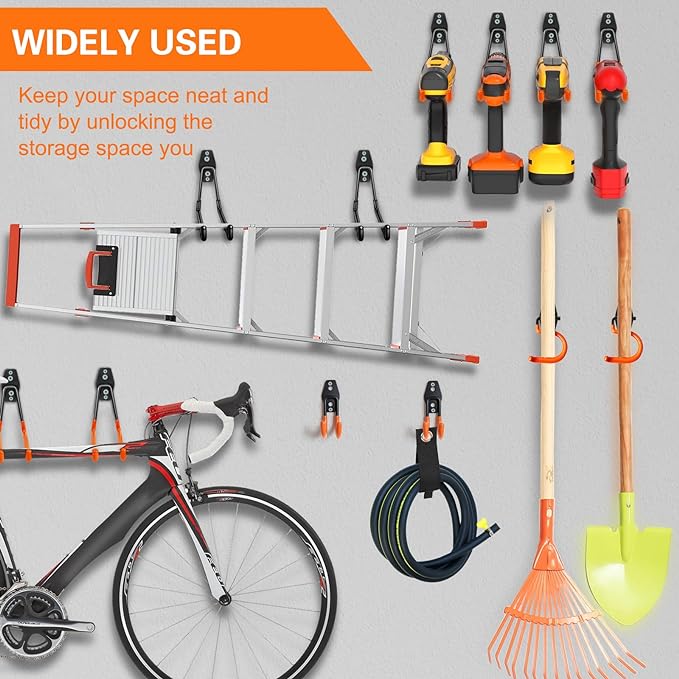 26 Pack Garage Hooks Heavy Duty Utility Steel with Anti-Slip Coating Wall Mount Storage Organizer for Hanging Power and Garden Tools, Ladders, Hose, Bikes, Ropes, Bulk Items, and More