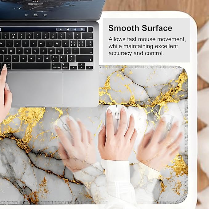 White Marble Mouse Pad – Large Extended Desk Mat 31.5 x 11.8 in– Elegant Gold Vein Design, Non-Slip Rubber Base, Waterproof Surface, Keyboard & Mouse Pad for Office, Gaming, Home Decor