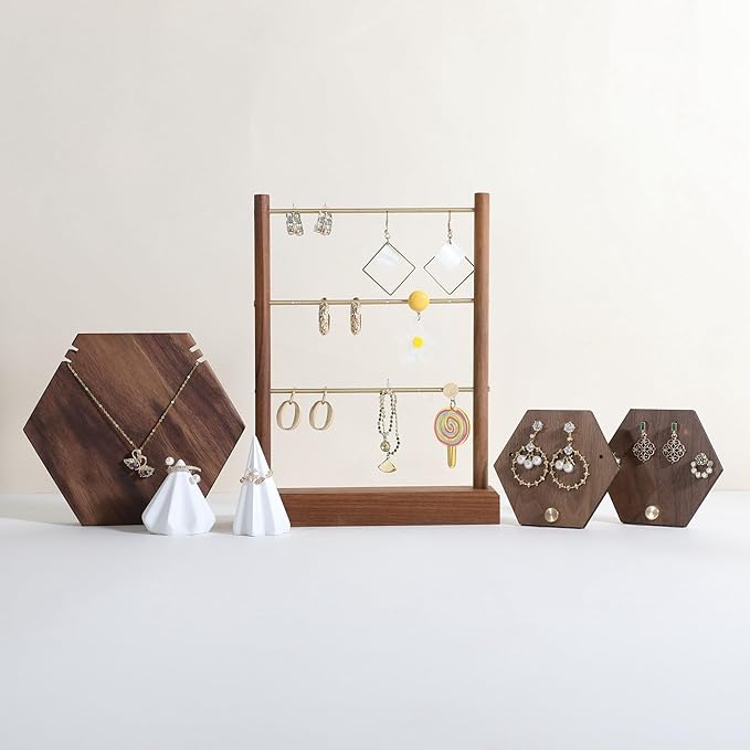 GemeShou Walnut earrings display stand for selling, wooden jewelry earring organizer shelf, wood earring storage organizer rack for boutique store【Earring shelf-Medium】