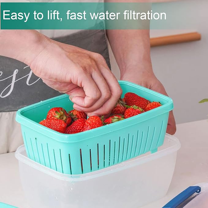 68oz Berry Keeper Fruit Storage Container for Fridge, Fresh Food Produce Saver Containers with Removable Drain Colander, Vegetable Lettuce Keeper Bowl, Refrigerator Organizer, PRESS TO OPEN CLOSE LID