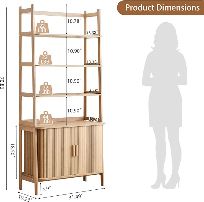 4-Tier Bookshelf, Tall Bookcase with Open Shelf and Sliding Door, 70” Freestanding Storage Organizer Display Cabinet for Living Room, Home Office (Natural)