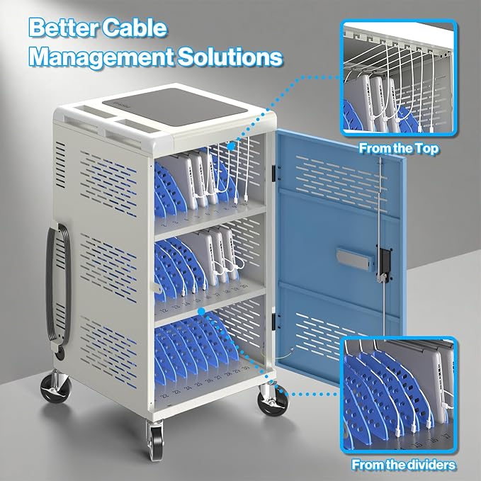 Fully Assembled 30 Unit Multi Device Charging Station for Chromebook, iPad, 14'' Laptop - Pre Built Computer Charging Cart with Charger Cable Management, Circuit Breaker, Grounding Protection (Gray)