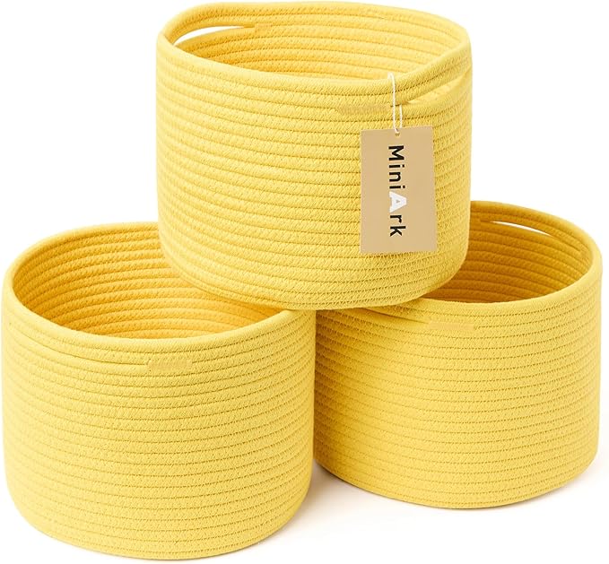 Small Basket for Organizing | Cube Shelf Closet Storage Baskets | 9.7×9.7×7.1” | Woven Rope Gift Basket | Nursery | Round 3 Packs Yellow