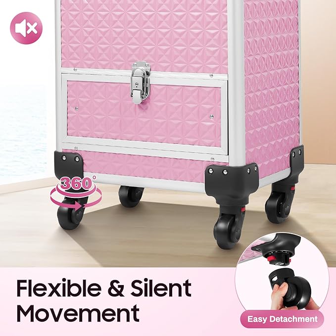 Rolling Makeup Train Case with Drawers, Portable Rolling Makeup Cart with Wheels, Pink Cosmetology Storage Cart with 6 Compartments for Makeup Artists, Hairdressers, Pet Groomers