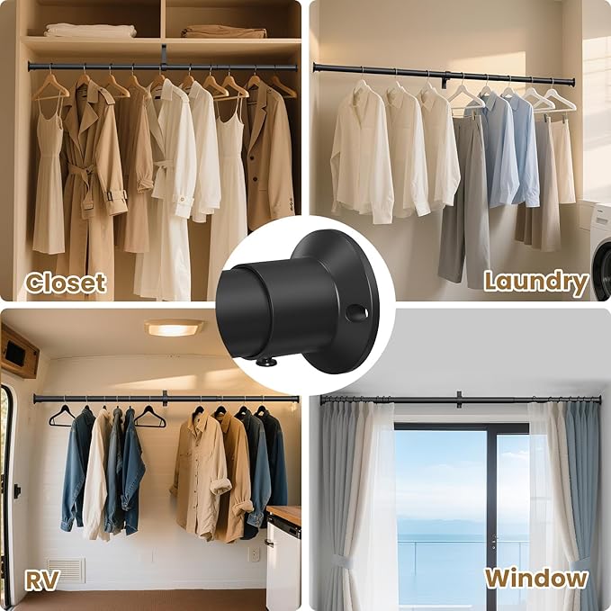 Closet Rod,18 to 80 Inches Matte Black Closet Rods for Hanging Clothes Heavy Duty Closet Hanging Rod Adjustable Closet Poles for Wardrobes,RV,Laundry
