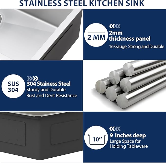 Lordear 25 Inch Undermount Kitchen Sink Workstation 25x19x10 16 Gauge Stainless Steel Single Bowl Round Corner Kitchen Sinks