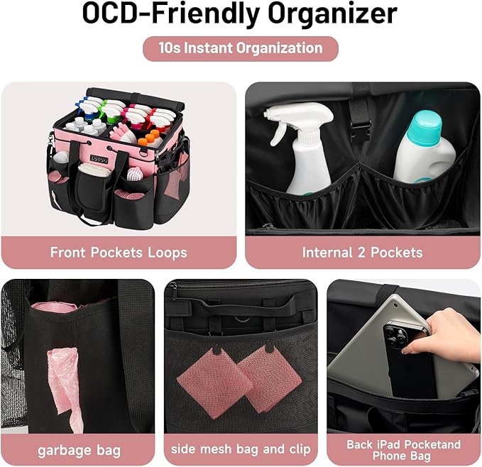 Large Cleaning Caddy for Cleaning Supplies Organizer, Rolling Cleaning Caddy Bags with Wheels for Housekeepers, Cleaning Carts on Wheels for Home Car Office Picnic