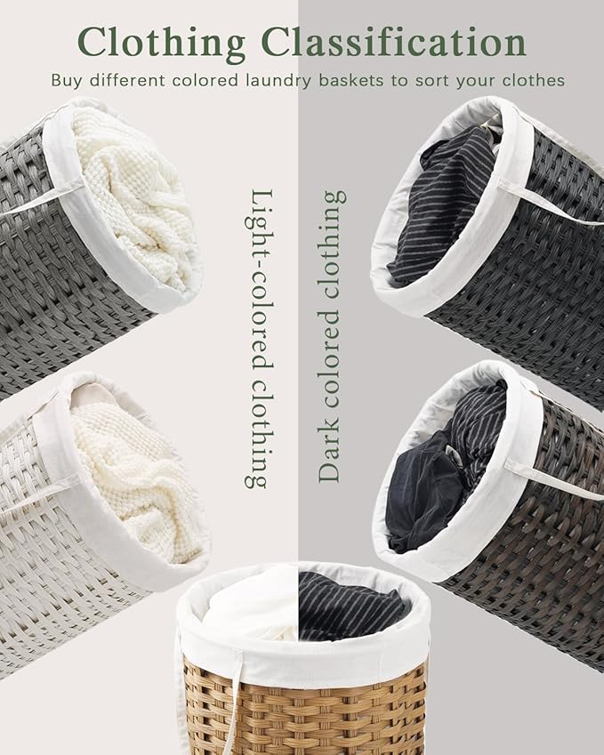 Large Laundry Hamper Laundry Basket Round 34.3 Gal (130 L) Handwoven Wicker Laundry Baskets Rattan Laundry Basket with Laundry Bag Handles 2 Mesh Bags for Living Room Bedroom Natural
