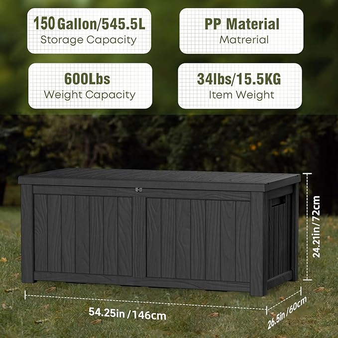EasyUp 150 Gallon Outdoor Storage Box Waterproof, UV Resistant Resin Deck Box with Hydraulic Rod, Reinforced Stability for Patio, Garden, and Pool, Striped Black