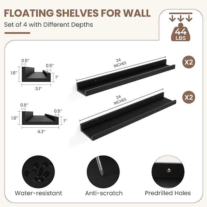 Fun Memories Picture Ledge Shelf, Black Floating Shelves Set of 4, 24 Inch Picture Shelves for Wall with Ledge, Large Nursery Book Shelf for Toys Storage, Living Room, Bedroom Decor Frames