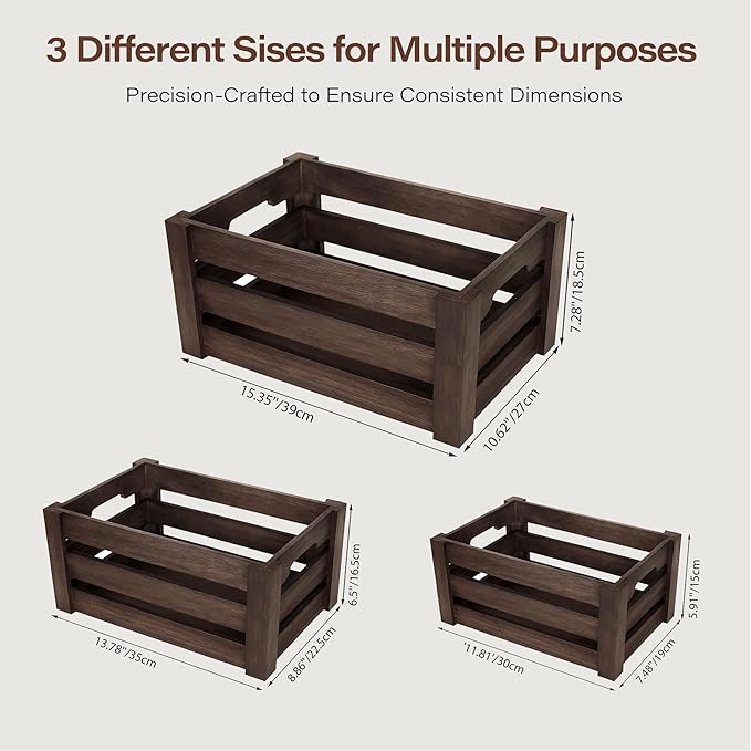Rustic Wooden Storage Crates Set of 3 with Handles – Farmhouse Decorative Nesting Boxes for Organizing, Shelves & Tabletop Display (L/M/S)