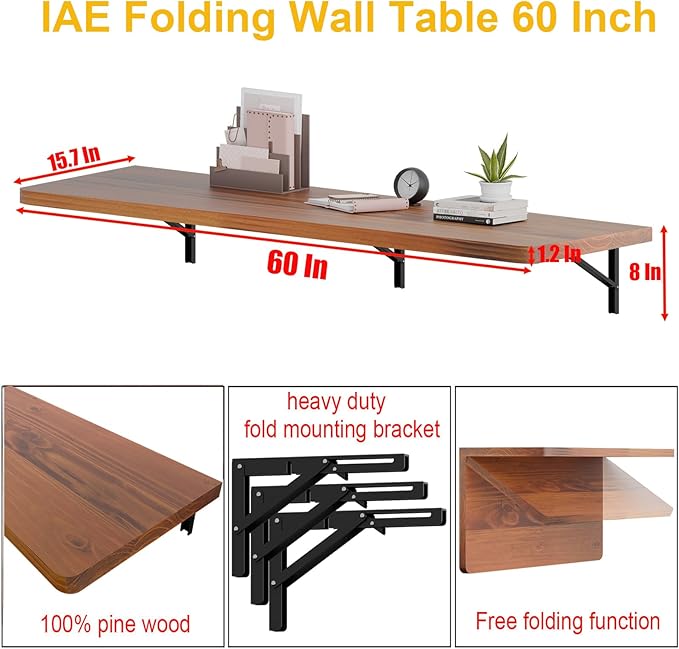 IAE Wall Mounted Folding Table with Pine Wood,60" x 16" Floating Wall Desk,Laundry Folding Table with Shelf Brackets,Fold Down Desk Shelf,Folding Workbench for Home,Dining,Laundry Room,Kitchen,Teak