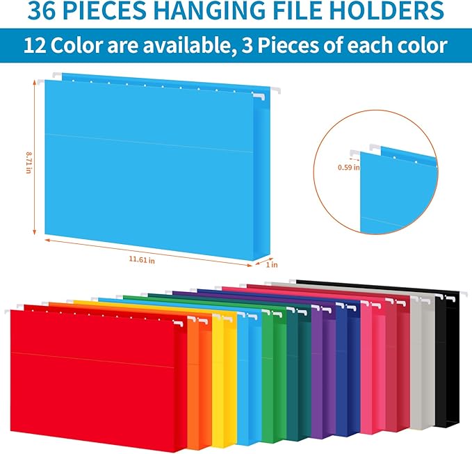 36 Pack Hanging File Folders, Letter Size with 1/5-Cut Adjustable Tabs, 12 Selected Color - File Folder Organizer for Filing Cabinet Office Home, Designed for Bulky Files, Medical Charts