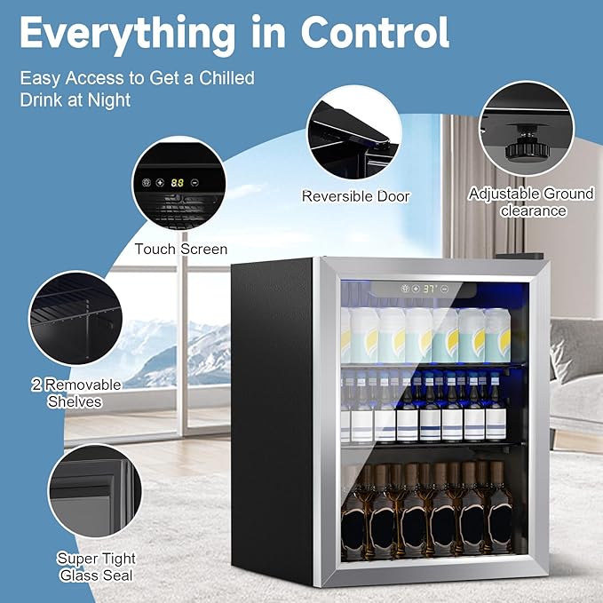 Beverage Refrigerator Cooler, 70 Can Mini Fridge Glass Door for Drinks Soda, Beer, or Wine - Small Refrigerator for Office Bedroom Home Bar, Adjustable Shelves, 1.7 Cu.Ft, Silver