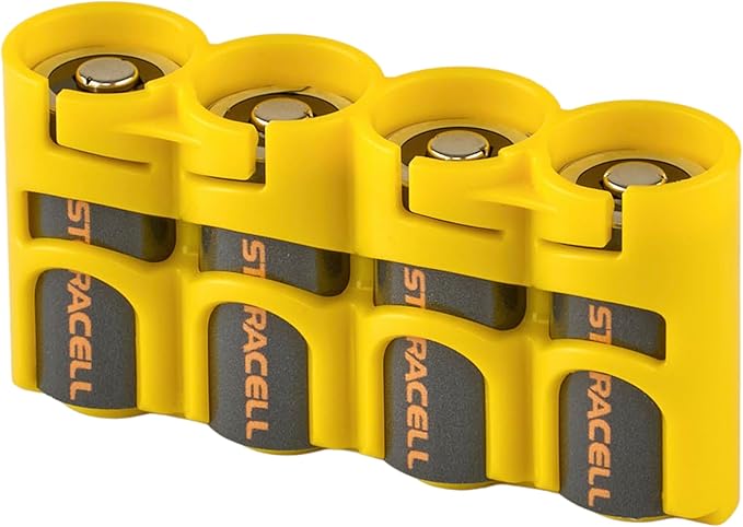 Storacell Slimline CR123 Battery Storage Caddy, Yellow, Holds 4 Batteries (Not Included)