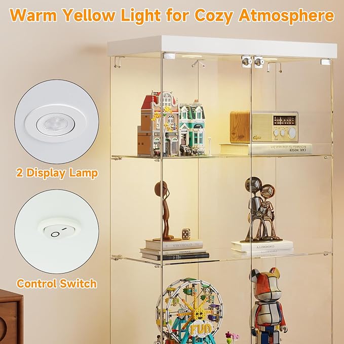 Tempered Glass Display Cabinet with Lights, 4-Tier Curio Cabinet with Glass Doors Wheels Two Locks, Glass Display Case for Collectibles for Living Room, Bedroom, Office, White, Double Door