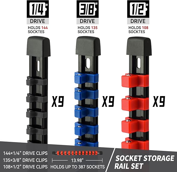 Socket Organizer Drive ABS Tools-Socket Holder, Premium Quality 27 Pieces Socket Holders Kit 1/4-Inch x 144 Clips, 3/8-Inch x 135 Clips, 1/2-Inch x 108 Clips（27PC,Blue&Red&Black)