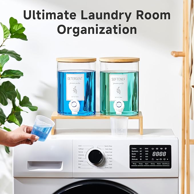 Glass Laundry Detergent Dispenser with Shelf & Bamboo Lid - 120 Oz Liquid Detergent, Laundry Soap & Fabric Softener Dispenser for Laundry Room Organization and Storage with 2 Cups & 8 Labels