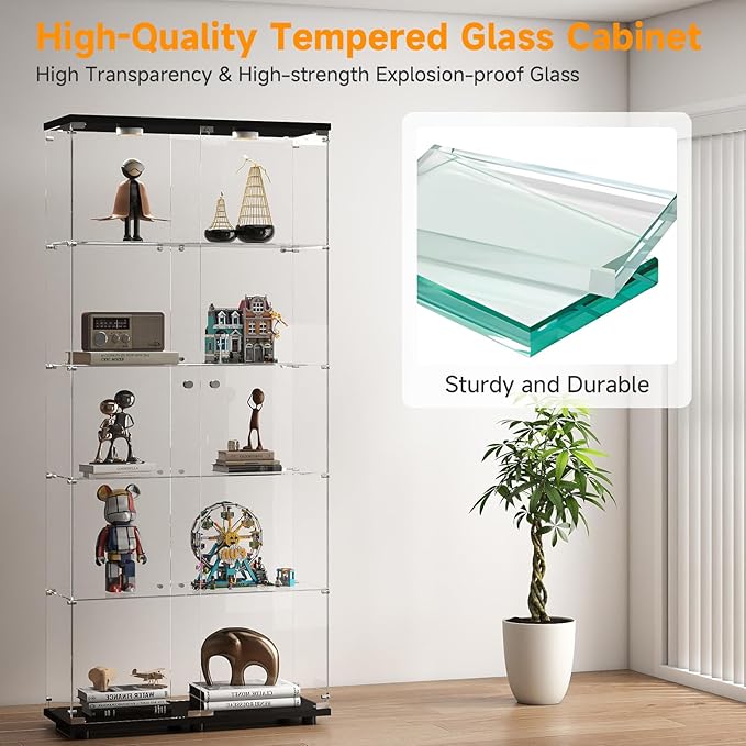 5-Tier Tempered Glass Display Cabinet with Lights, Curio Cabinet with Glass Doors and Lock, Glass Display Case for Collectibles, for Living Room Bedroom Office, Double Door, Black