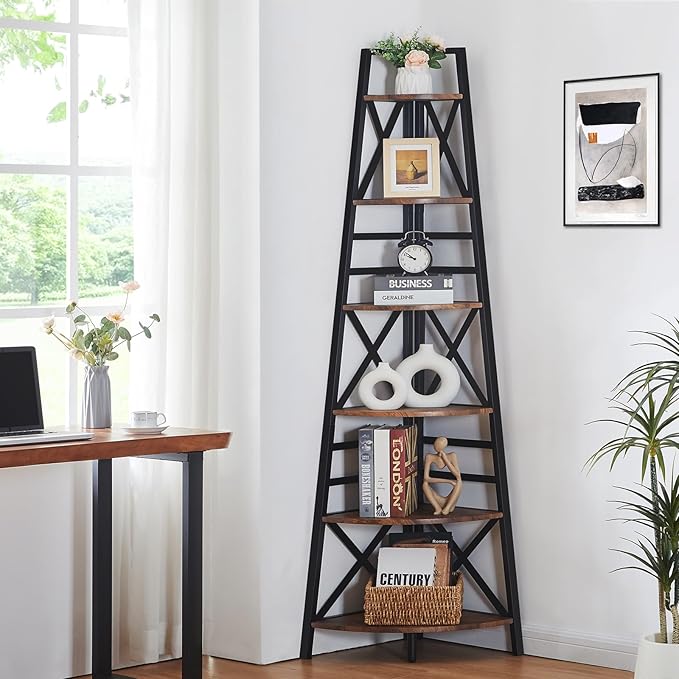 HOMBAZAAR 6 Tier Corner Shelf, 72 Inch Industrial Corner Bookshelf, Tall Ladder Bookcase with Metal Frame, Rustic Shelf Stand for Living Room, Bedroom, Office, Rustic Brown